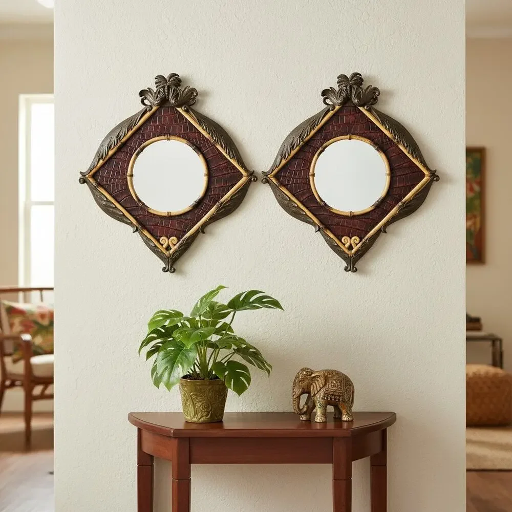 Vintage Coastal Palm Tree Resin Wall Mirrors Pair-Island Tropical Decor-Bamboo